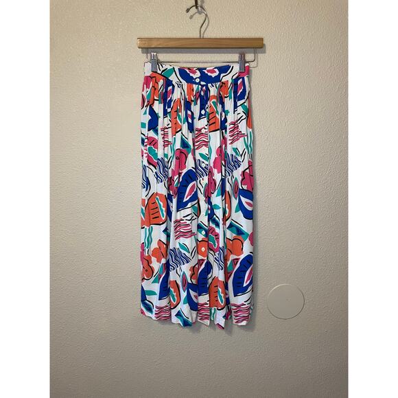 VTG Genesis Retro Floral Abstract Print Button Up Light Weight Midi Skirt Sz 3/4 - Picture 3 of 8